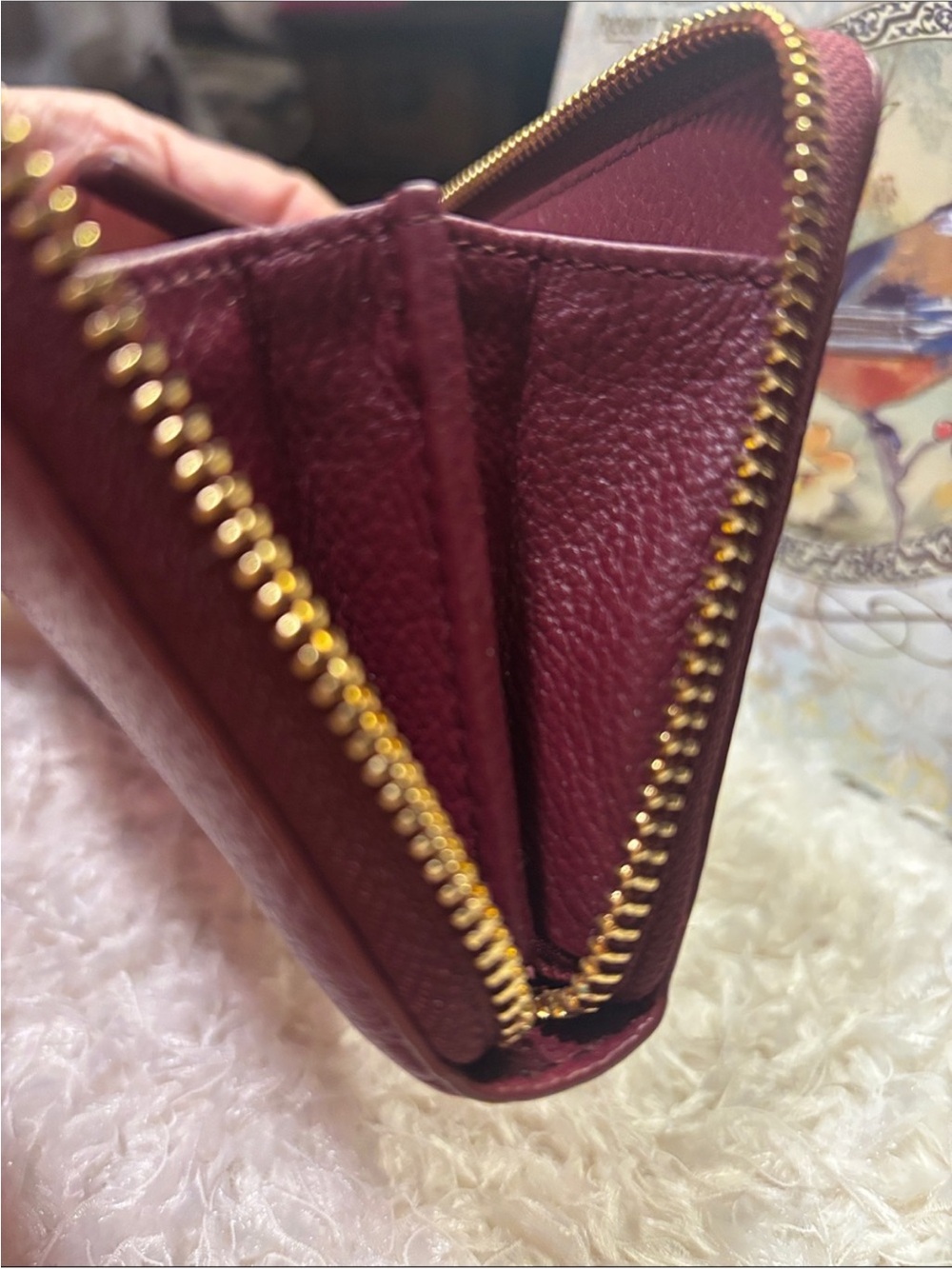 Tory Burch Burgundy Pebbled Leather Zip Wallet with Gold Logo - Picture 7 of 13